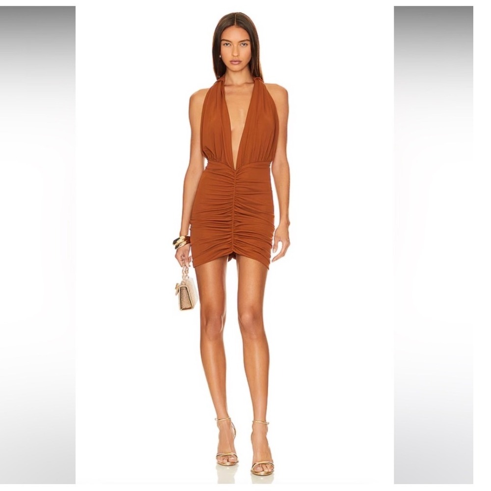 Ronny Kobo Demitri Dress Hood Scrunch Ruching Revolve Bodycon Plunge Medium‎